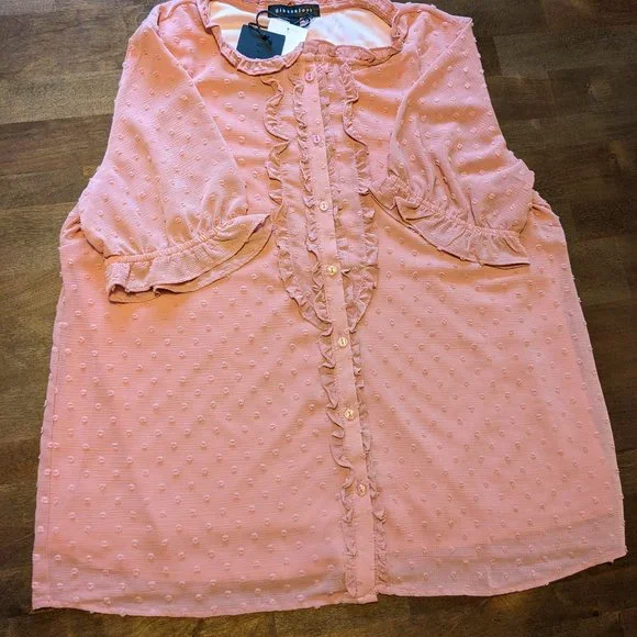 NWT Gibsonlook Short Sleeve Swiss Dot Full Placket Blouse, Mauve, Large - Picture 9 of 12